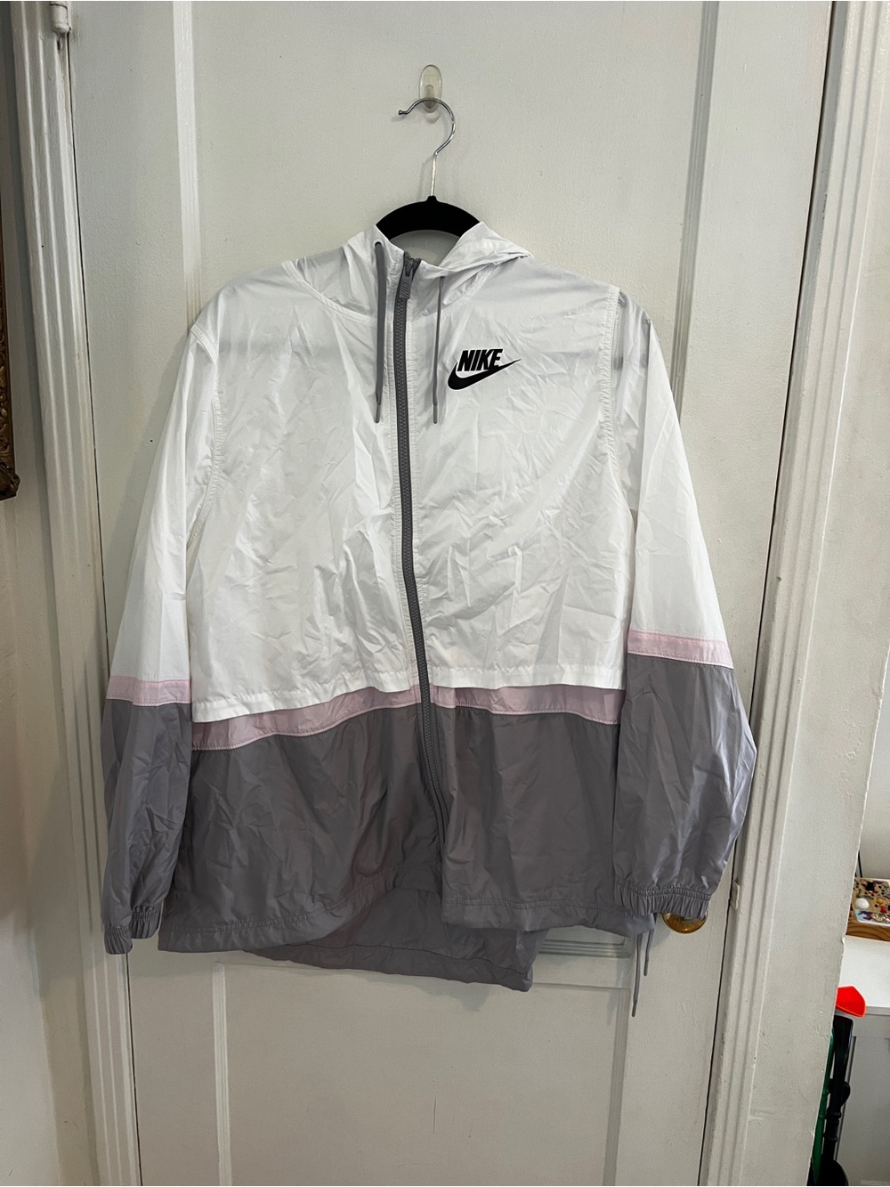 Nike White, Gray & Pink Colorblock Hooded Windbreaker